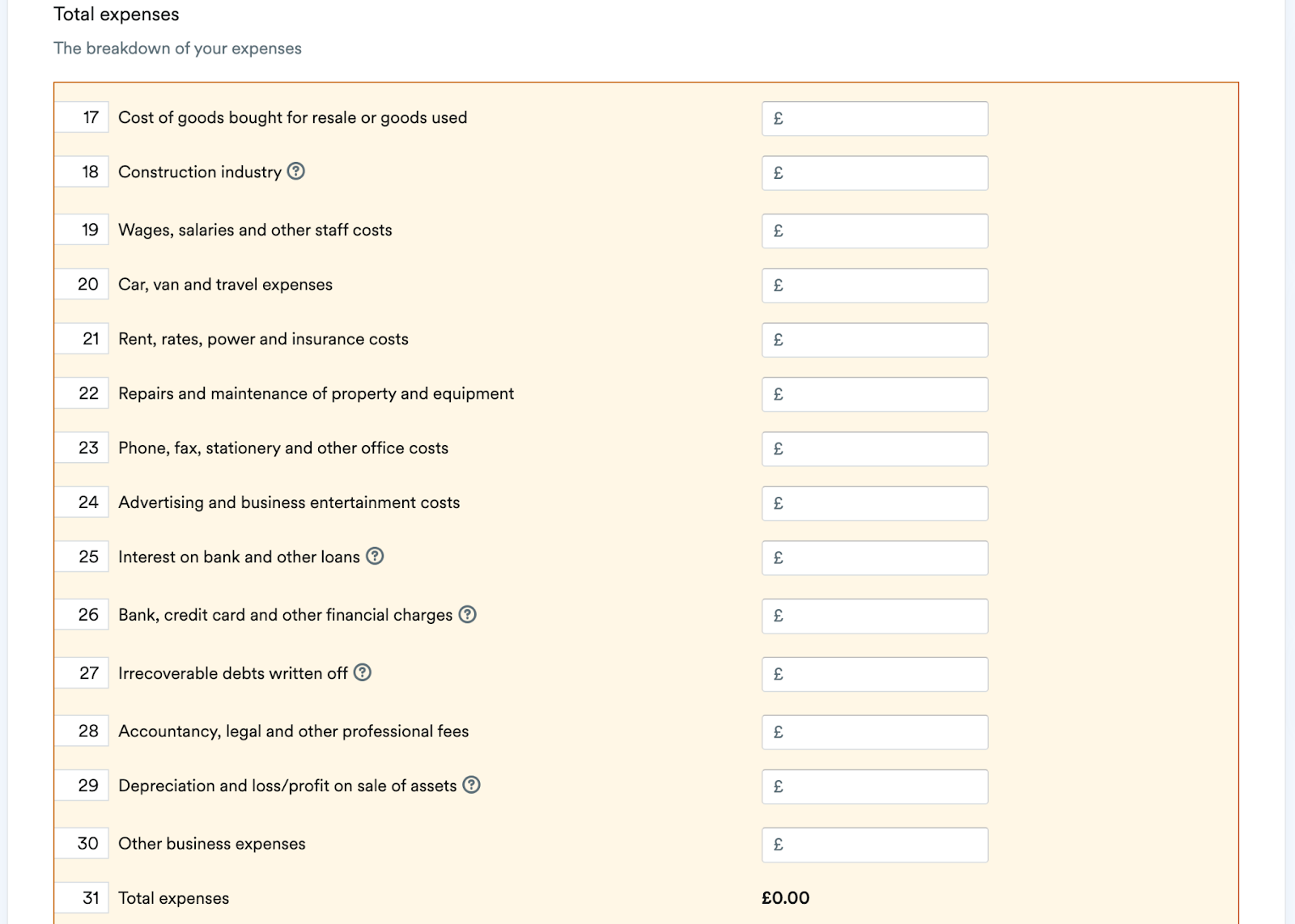 business expenses section of self employment page