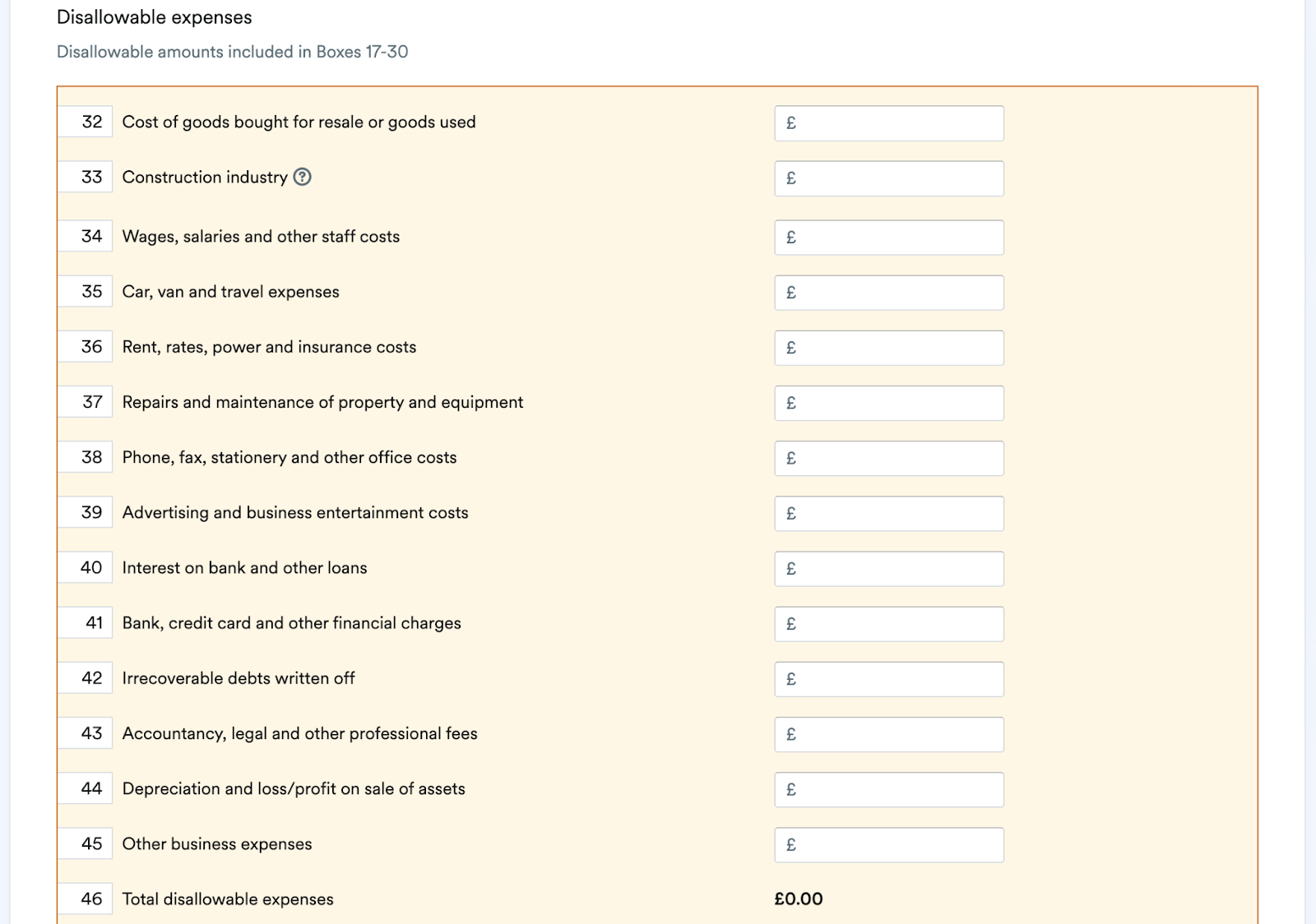 Disallowable expenses section of Self-employment page