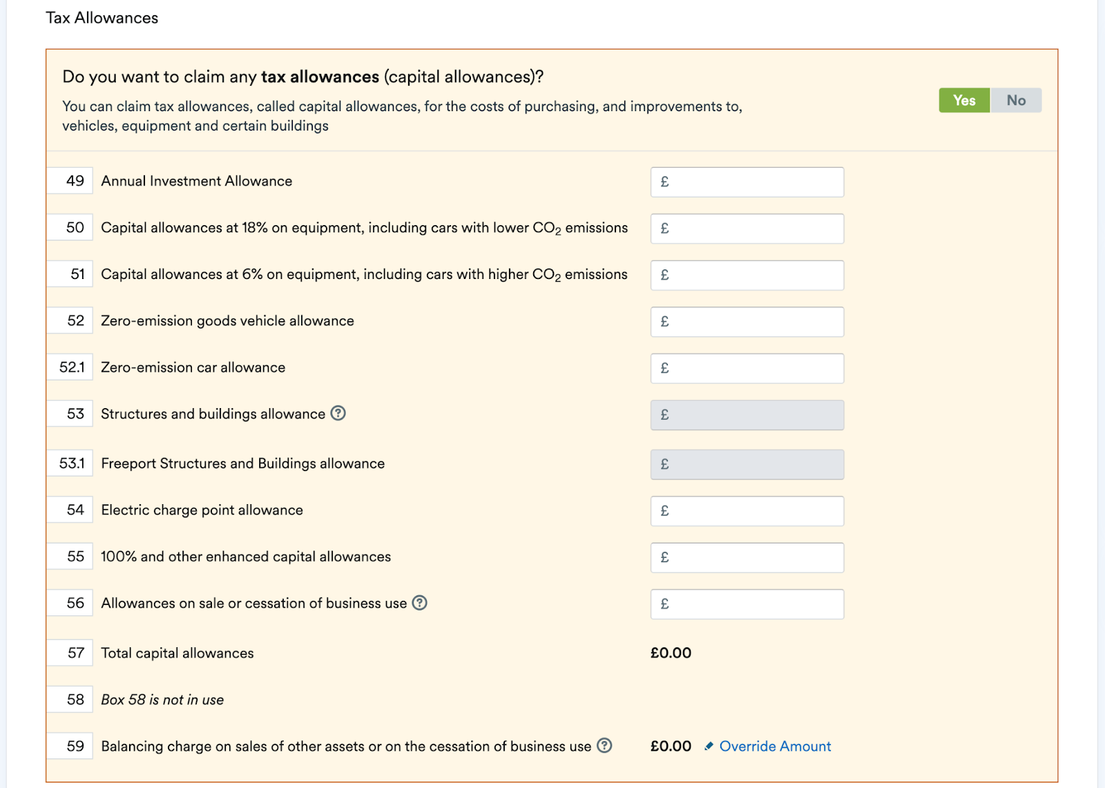 Tax allowances section of self-employment page