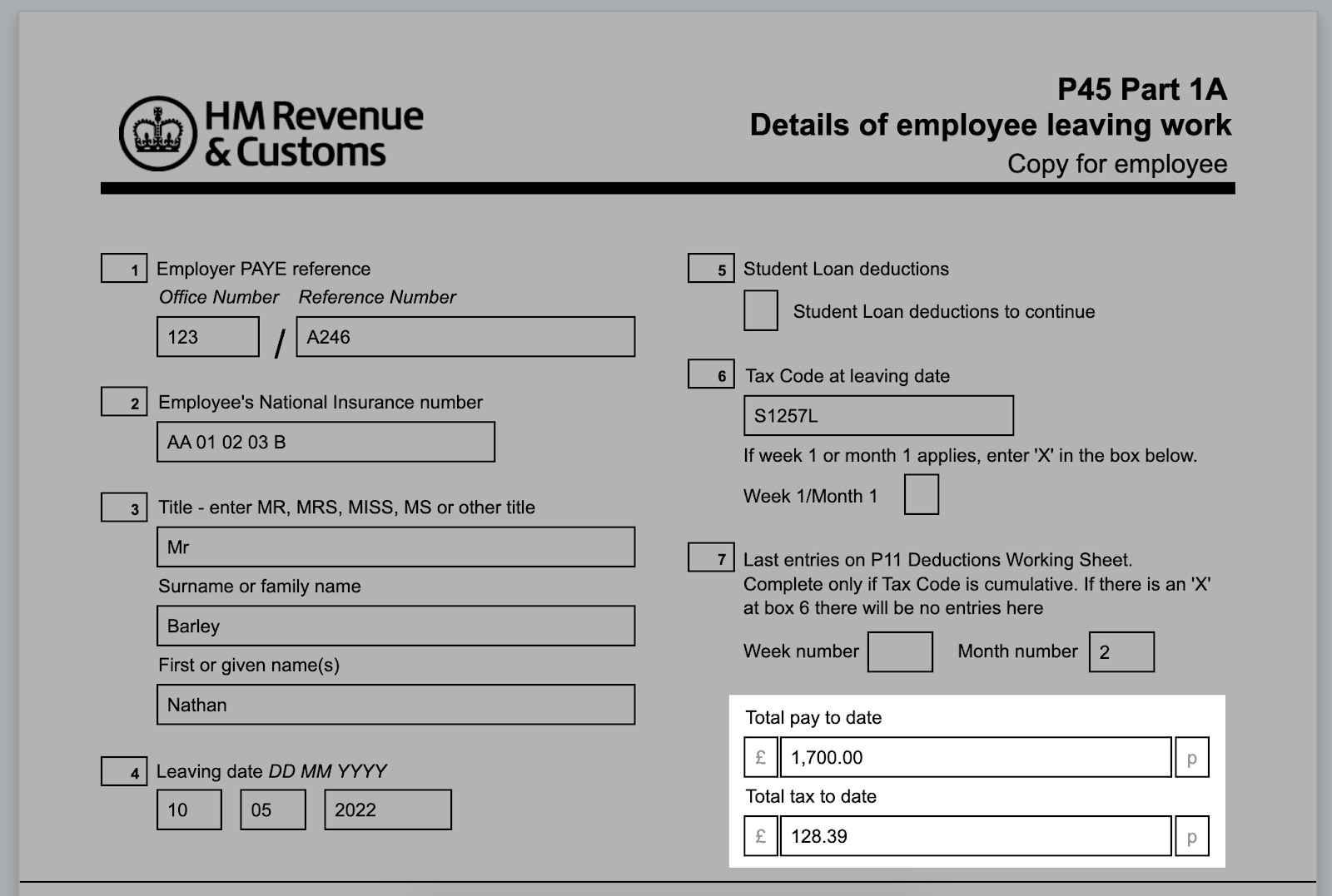 Pay and tax deducted highlighted on a P45
