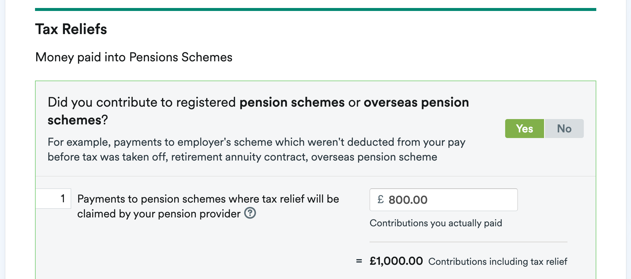 Pension contributions box in tax reliefs section