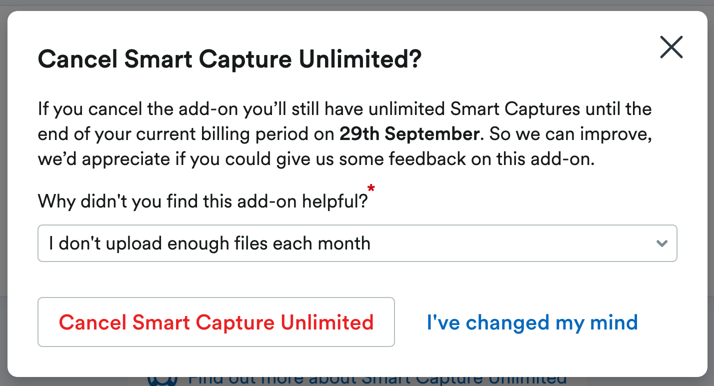 Pop up window asking user why they didn't find the add-on helpful, and to confirm cancellation.