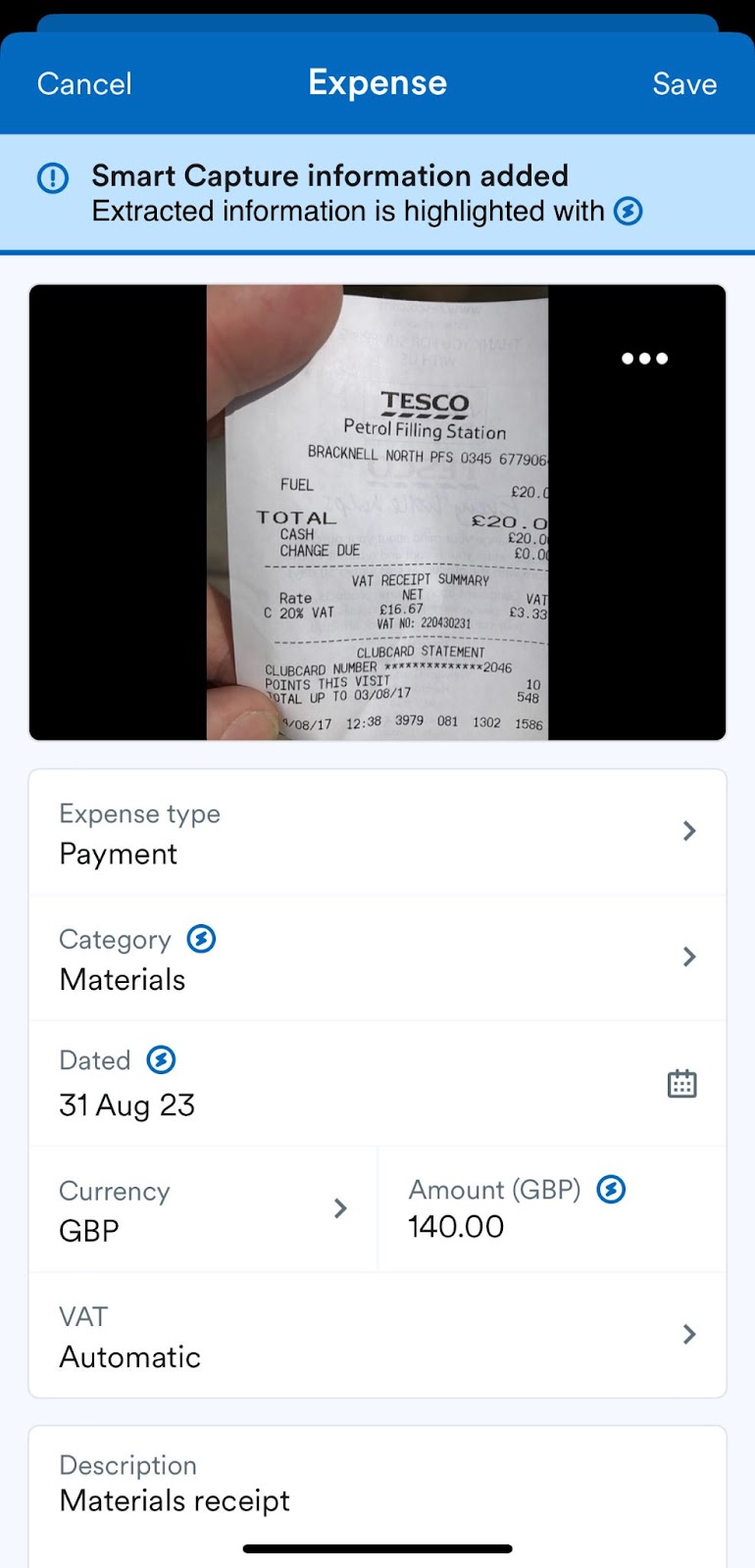 Example expense with receipt as attacment.