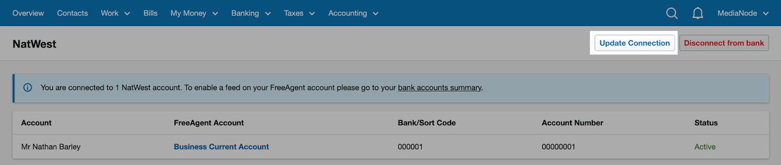 'Update Connection' button highlighted at top of NatWest page.