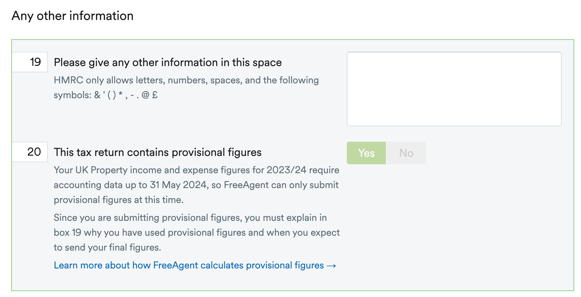 Boxes 19 anf 20 of Uk property page for entering any other information