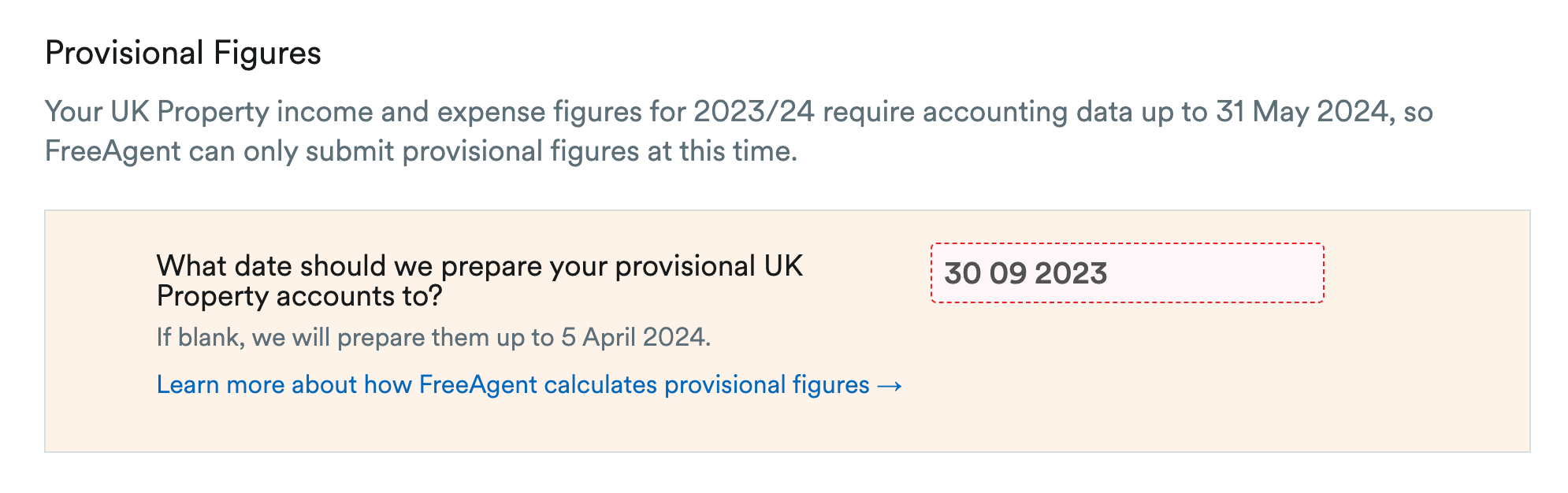 Field for entering date that accounts are provisionally prepared up to