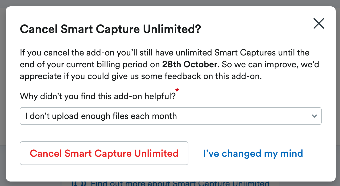 Pop up window asking user why they didn't find the add-on helpful and to confirm cancellation.