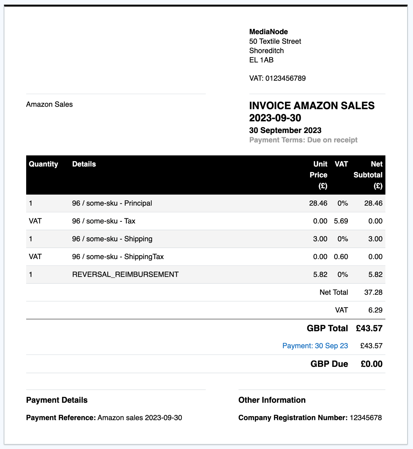 Invoice created by the Amazon integration for Amazon sales