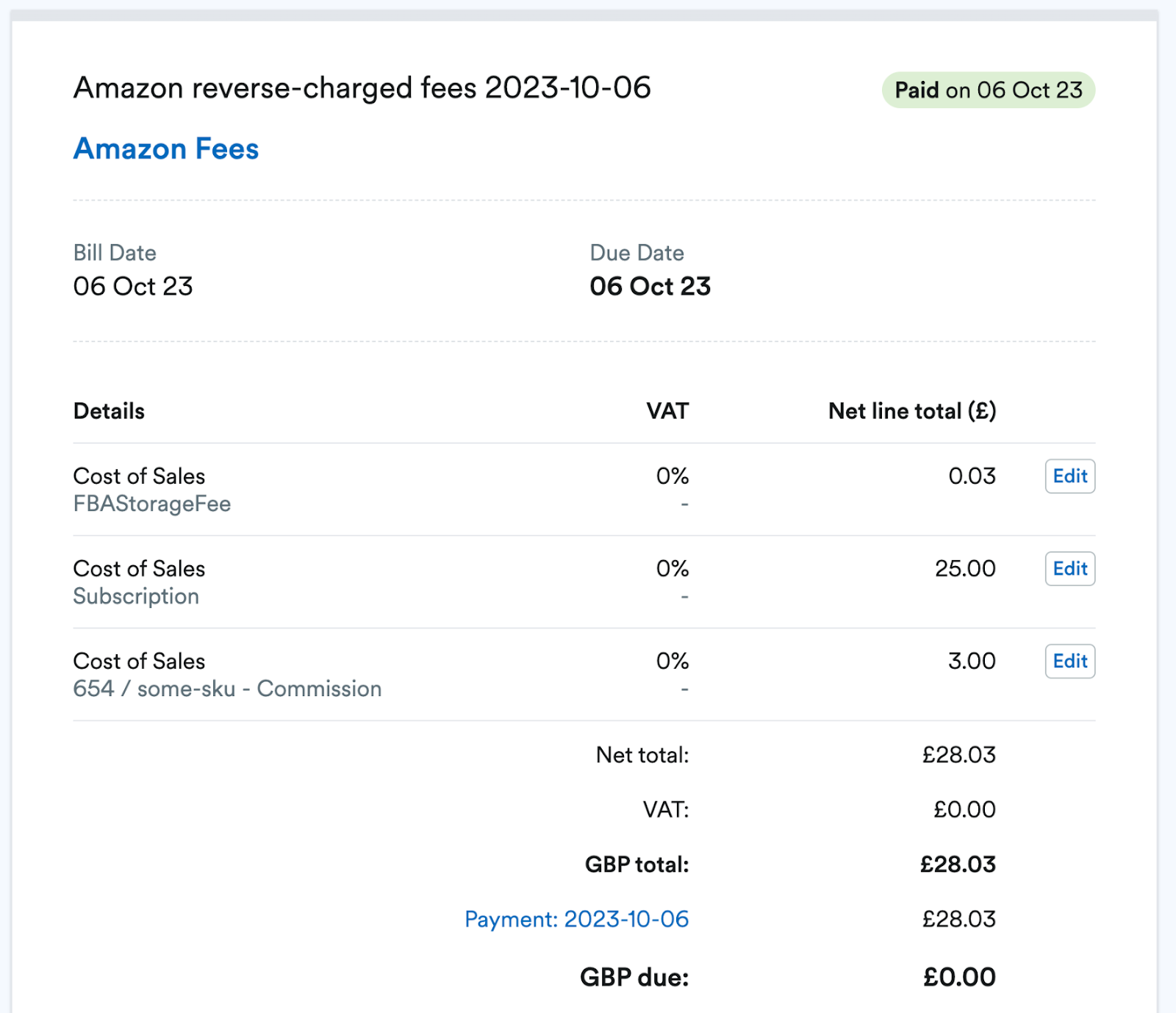 Bill created by the Amazon integration for Amazon fees