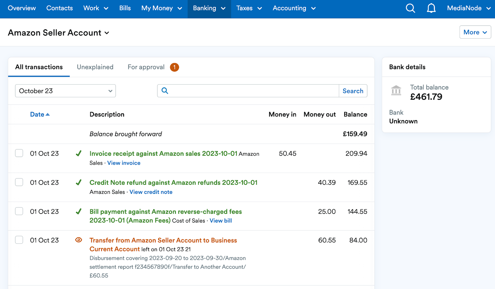 Amazon bank account with transactions imported and reconciled