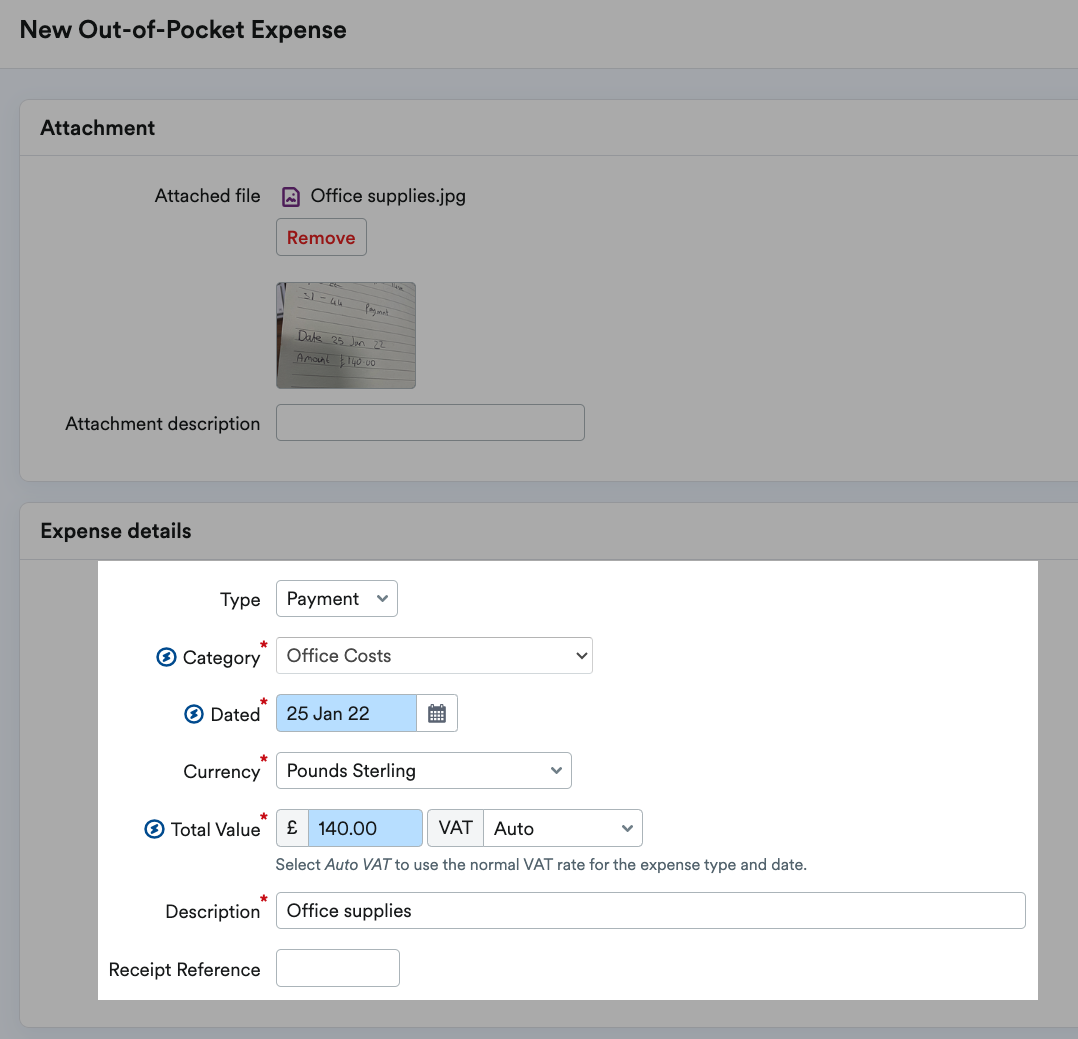 Expense details section with Smart Capture suggested data.