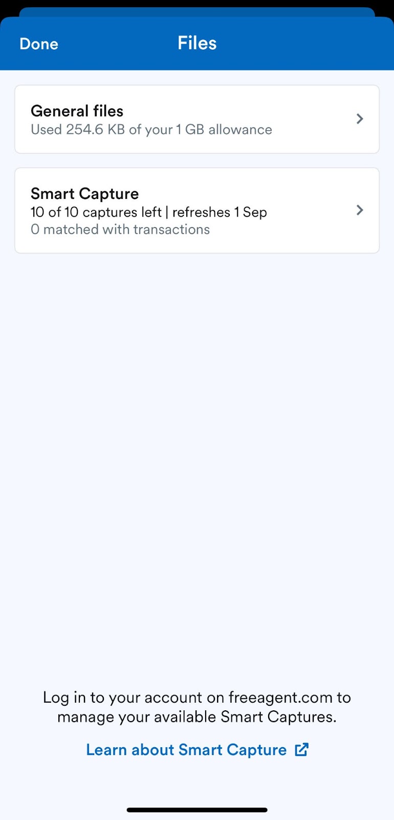 Options to select 'General files', or 'Smart Capture' on Files screen.
