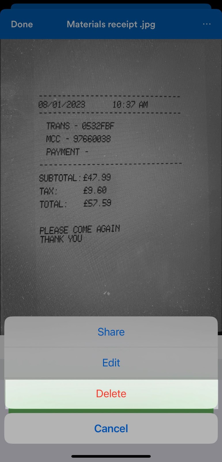 'Delete' button highlighted on file screen.