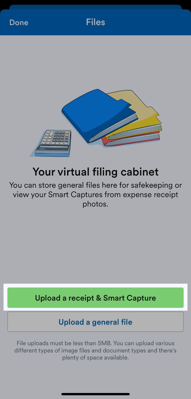 Files area with upload a receipt to smart capture highlighted