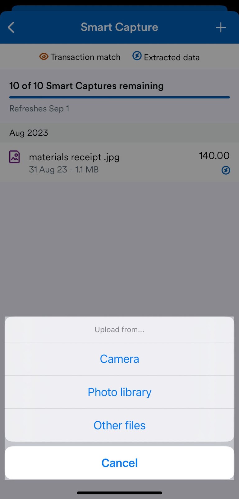 Upload from menu highlighted in Smart Capture area