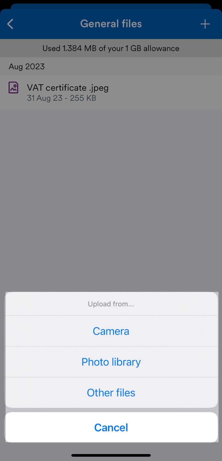 Upload from menu highlighted in general filesarea