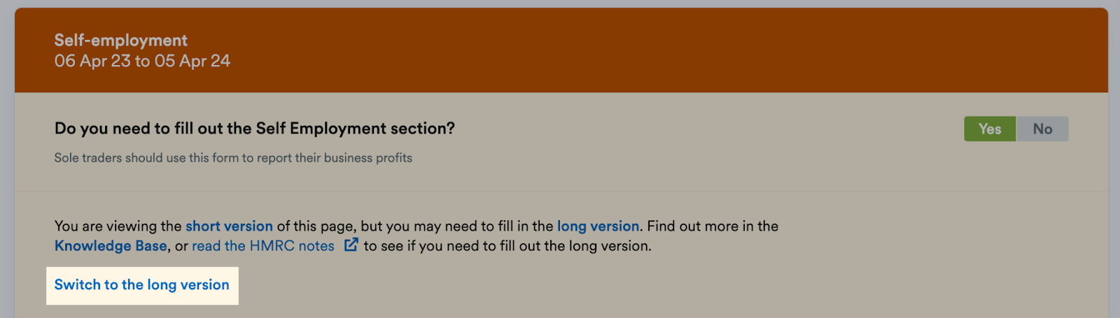 Switch to long version link on Self-employment page
