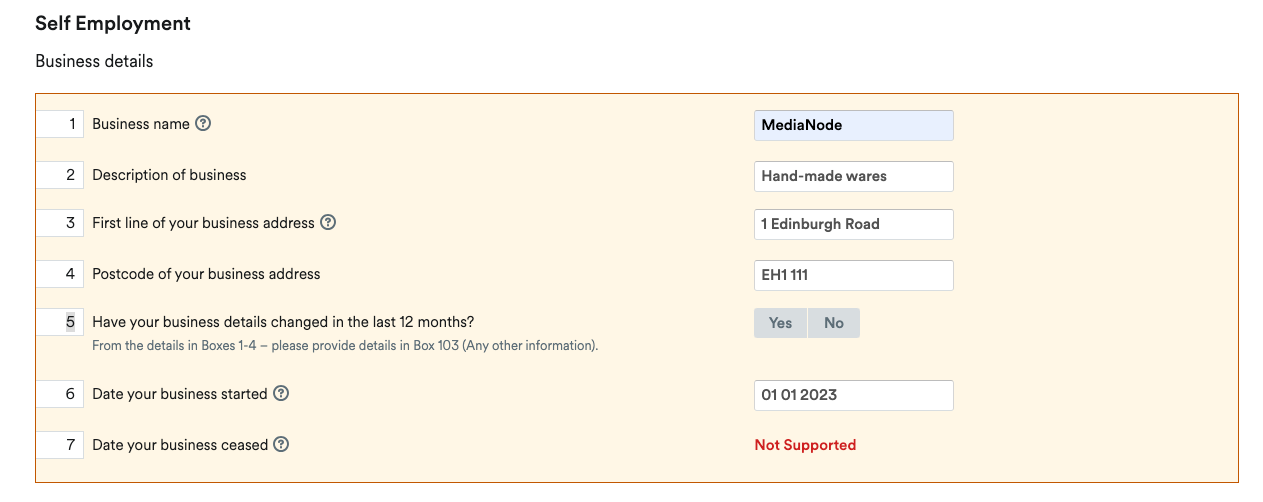 Business details section of Self-Employment page