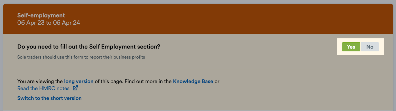 Option to fill out Self-Employment page