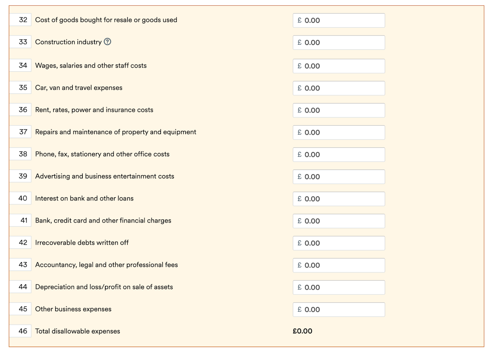 Business expenses section of self-employment page