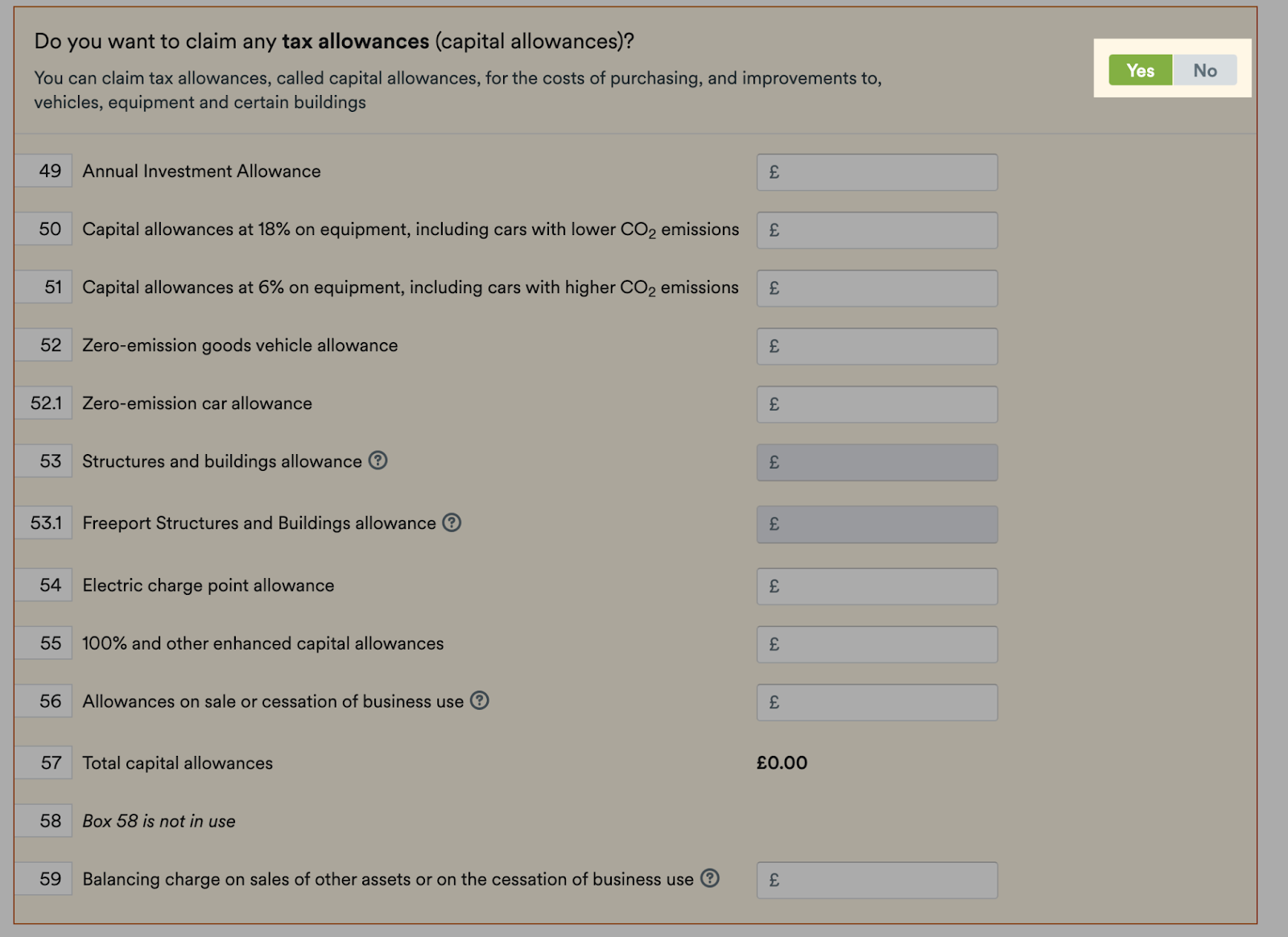 Capital allowances section of self-employment page