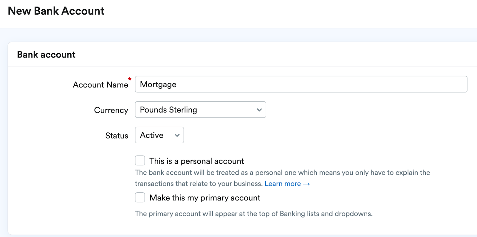 New bank account being added