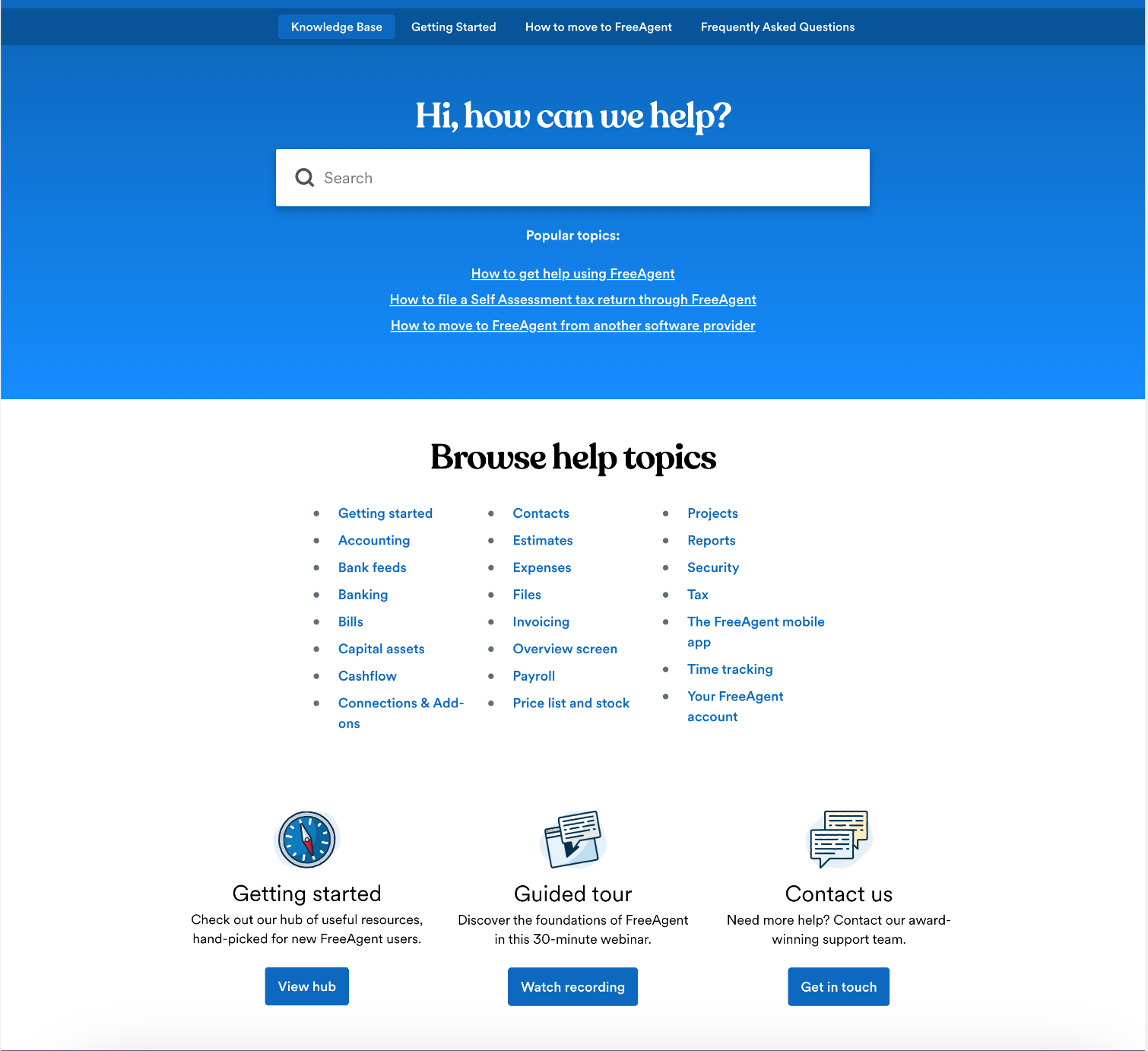 Knowledge Base homepage with search bar and help topics for browsing..png
