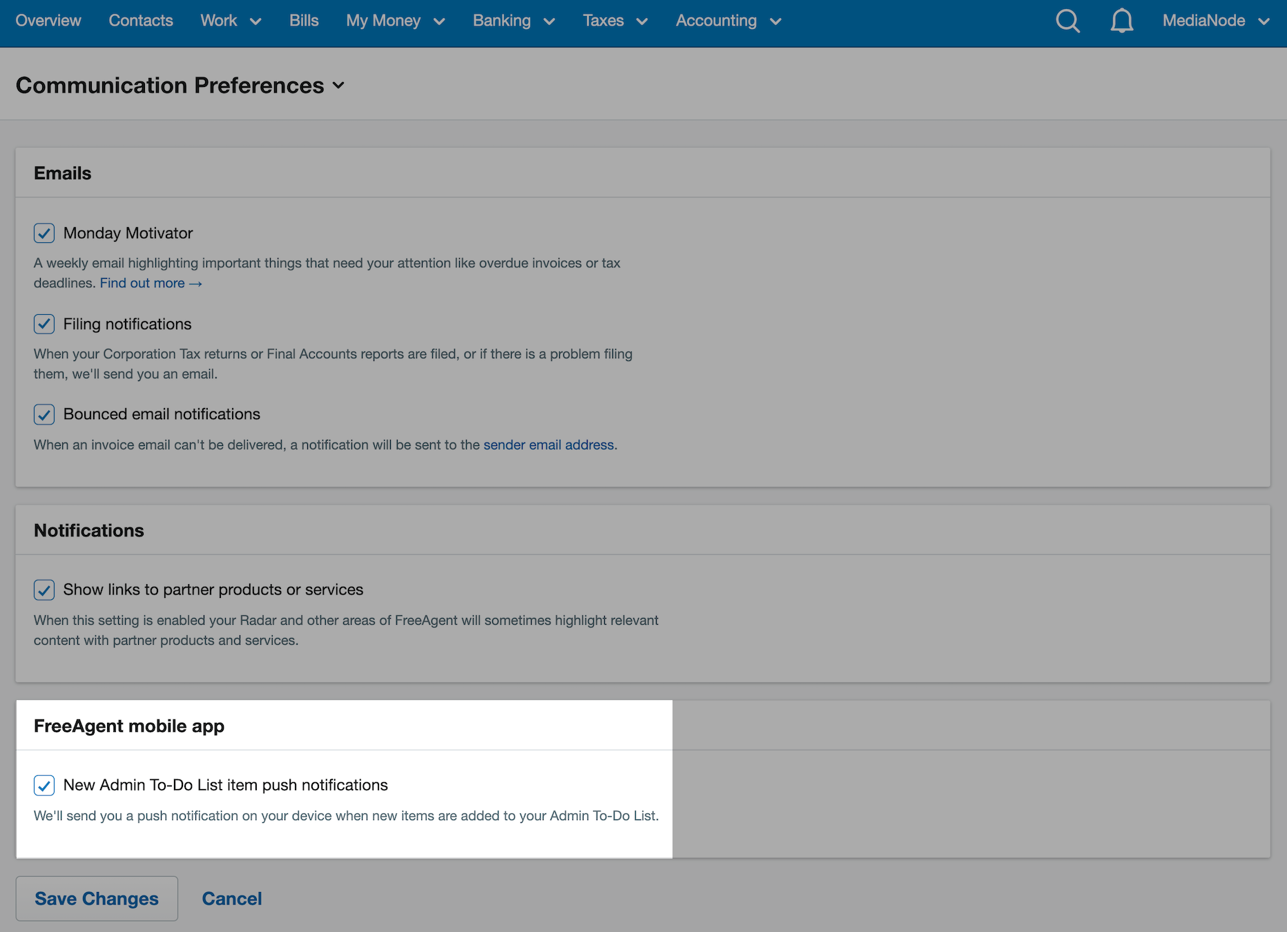 FreeAgent mobile app notification checkbox ticked and highlighted 