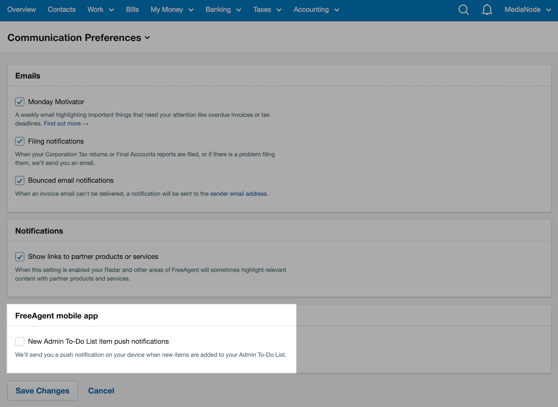 FreeAgent mobile app notification checkbox unticked and highlighted 