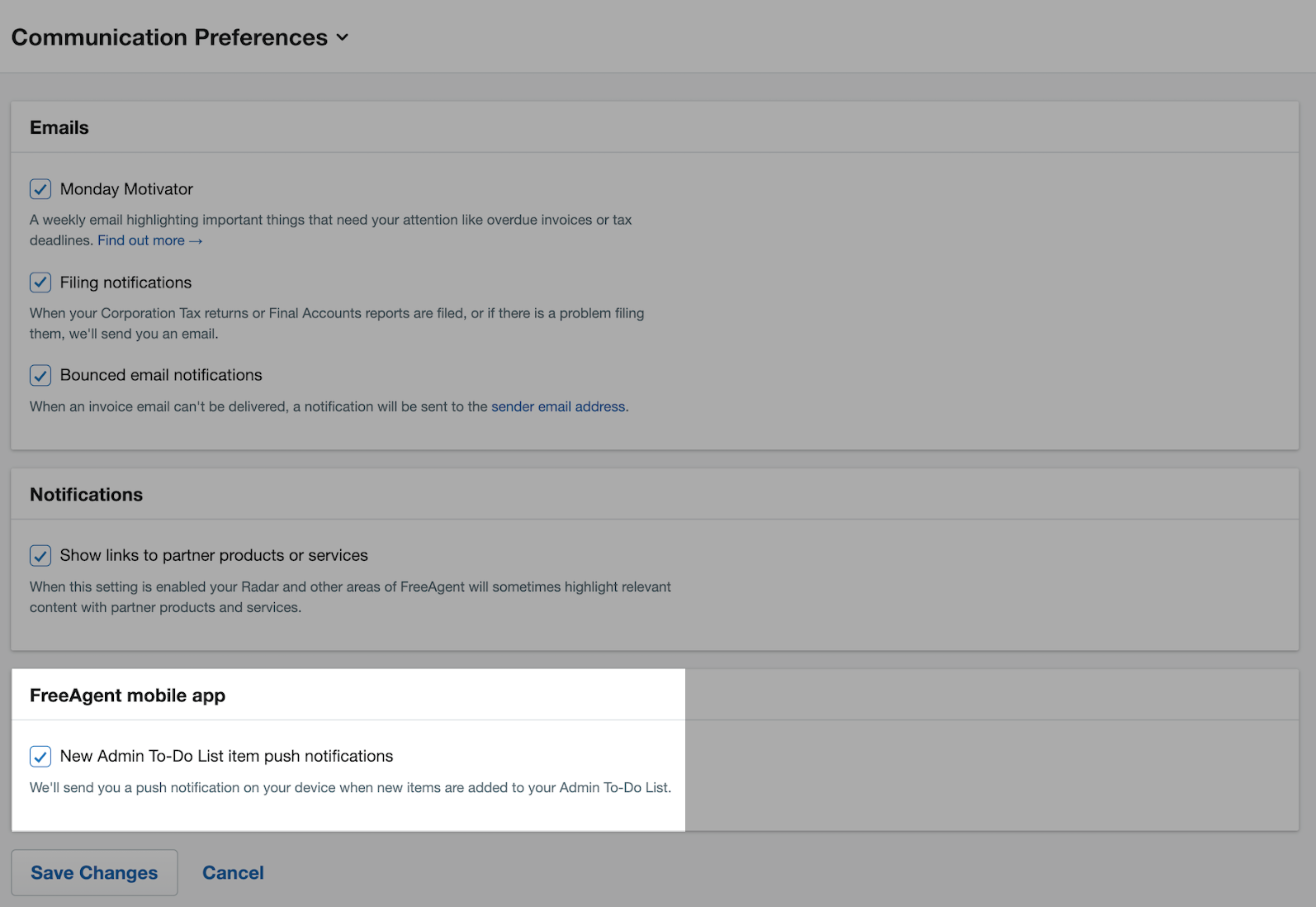 FreeAgent mobile app checkbox ticked and highlighted