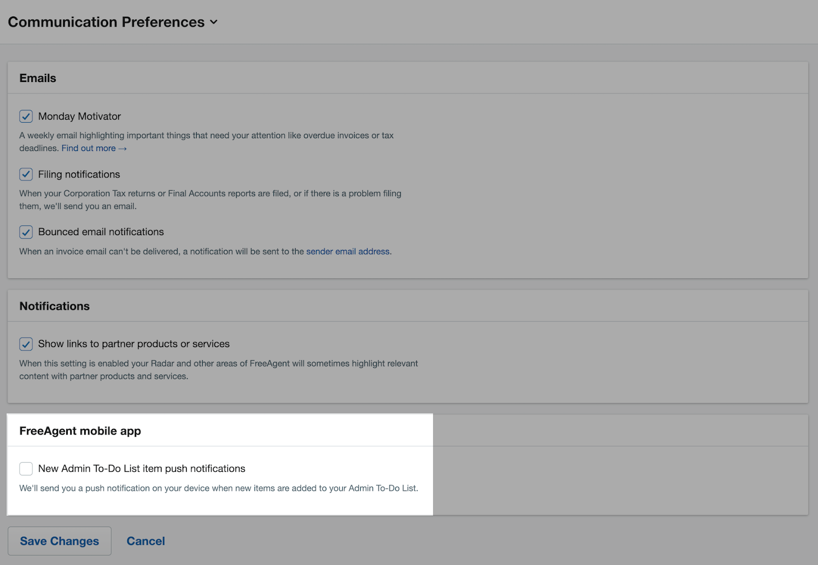 FreeAgent mobile app checkbox unticked and highlighted