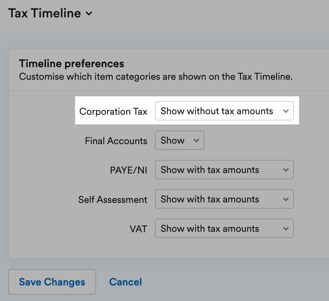 The Tax Timeline preferences screen. 'Show without tax amounts' is selected on the drop-down menu next to 'Corporation Tax'