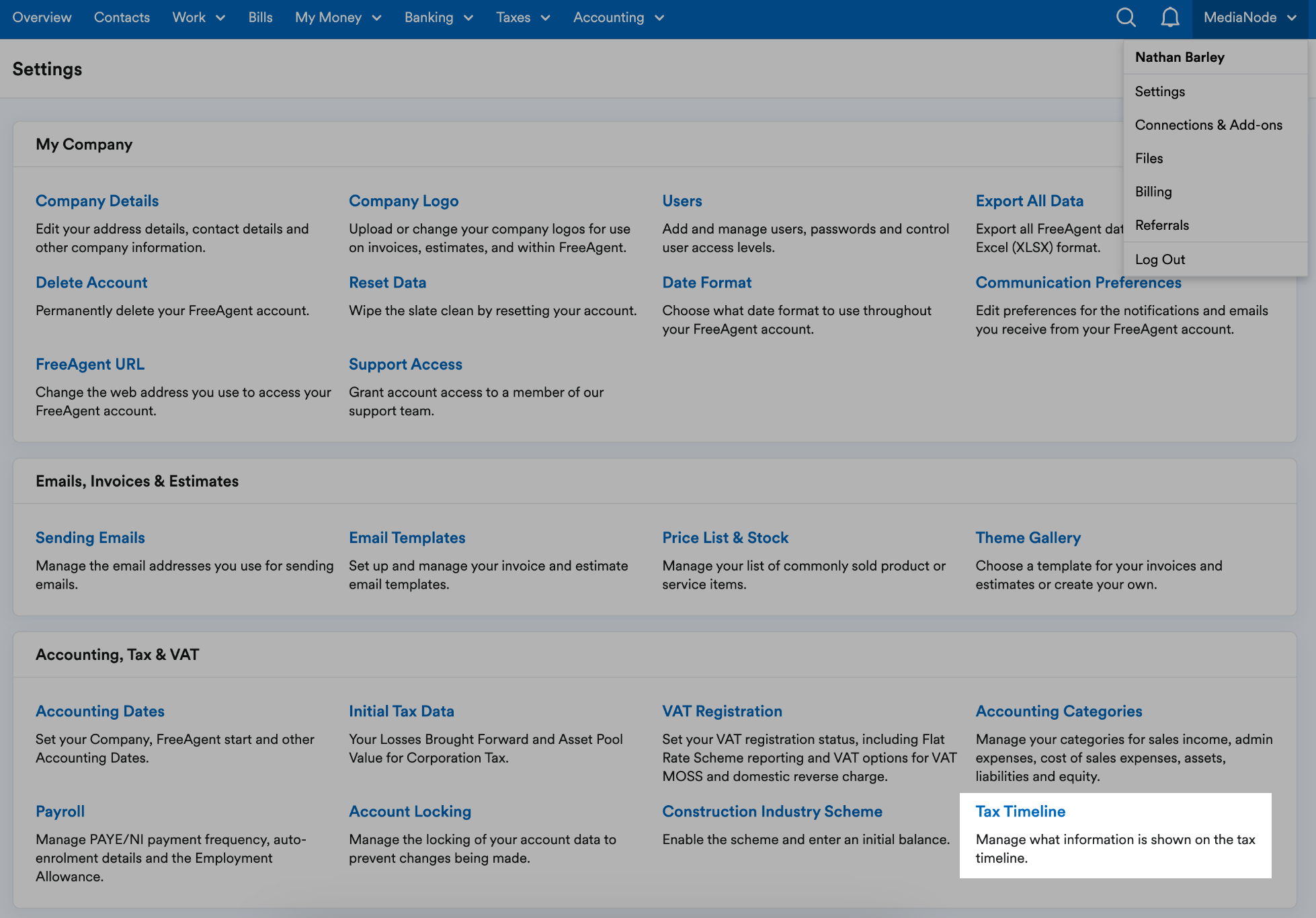 The Settings area. 'Tax Timeline' is highlighted
