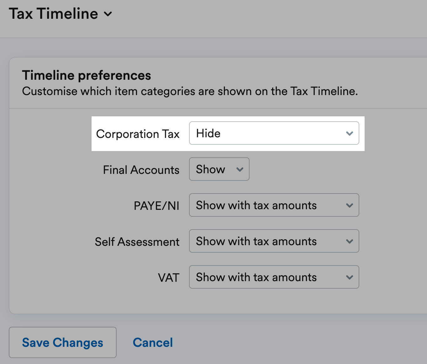 The Tax Timeline preferences screen. 'Hide' is selected on the drop-down menu next to 'Corporation Tax'