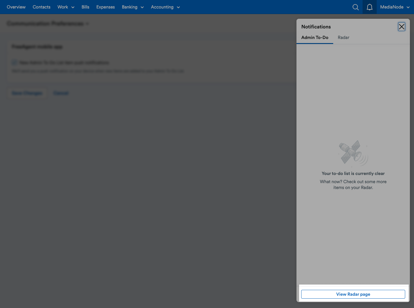bell icon open with View Radar page link highlighted
