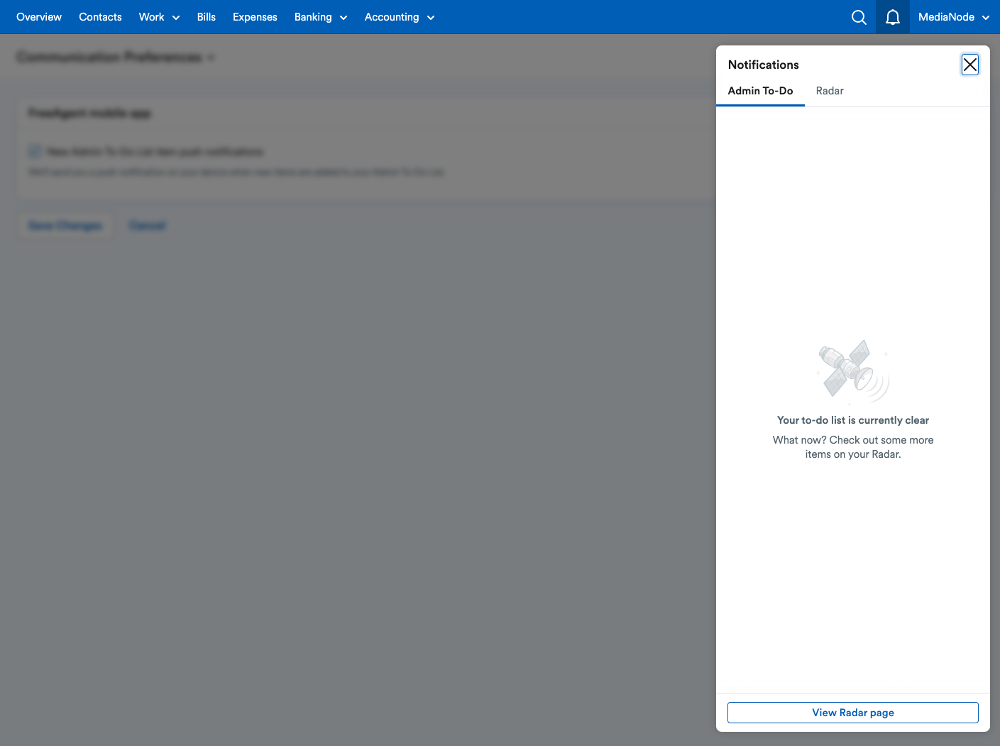 bell icon open with Admin to do notifications listed