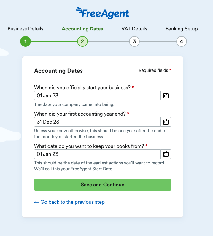 Accounting Dates page with ‘Save and Continue’ and ‘Go back to the previous step’ options..png
