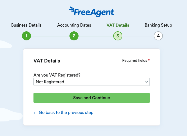 VAT Details page with drop-down menu and ‘Save and Continue’ button..png