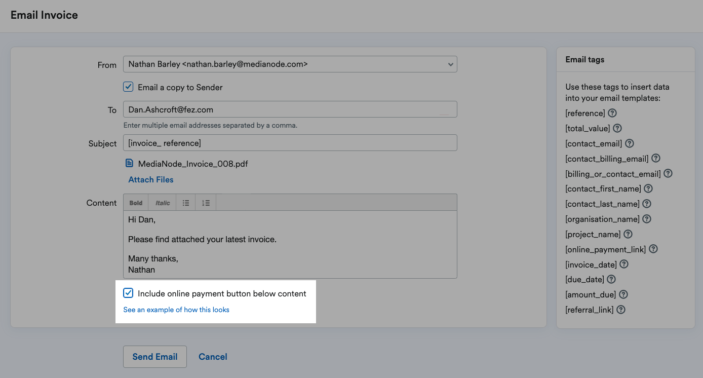 Share payemnt link button highlighted