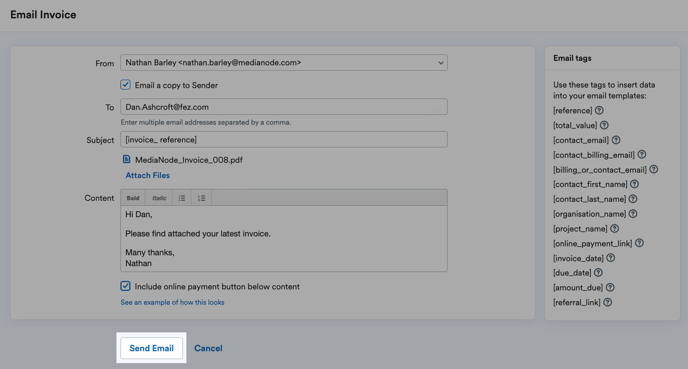 Send Email button highlighted