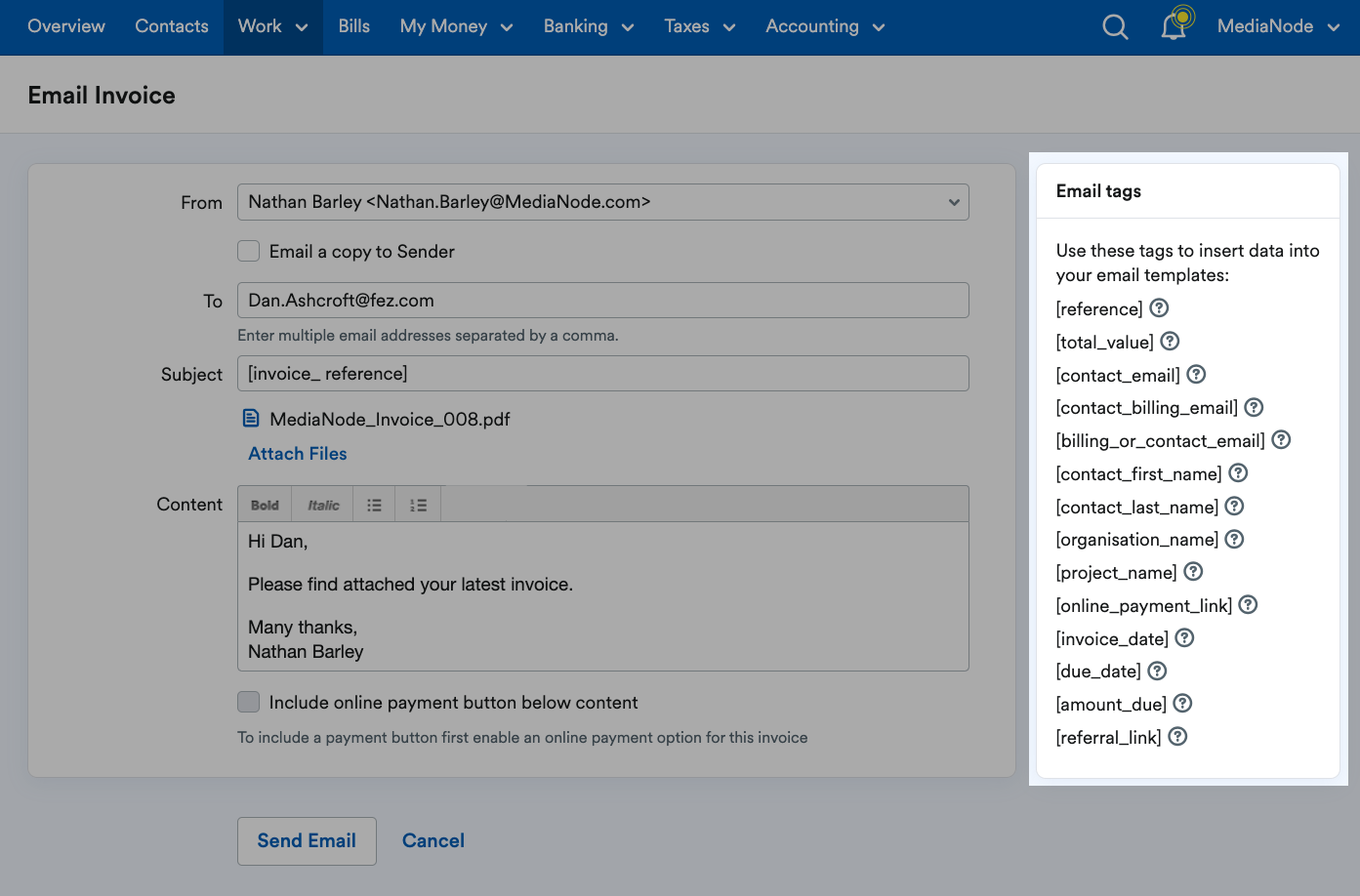Email tags panel highlighted