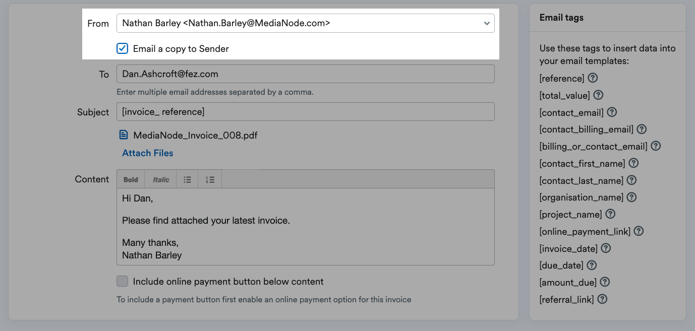email copy to sender checkbox ticked and highlighted