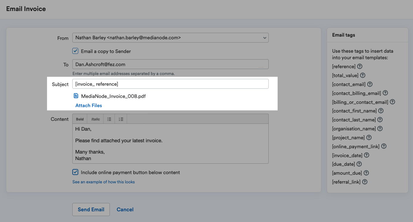 subject and attachment highlighted