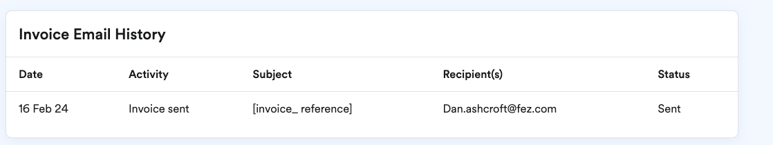 Example of invoice history section