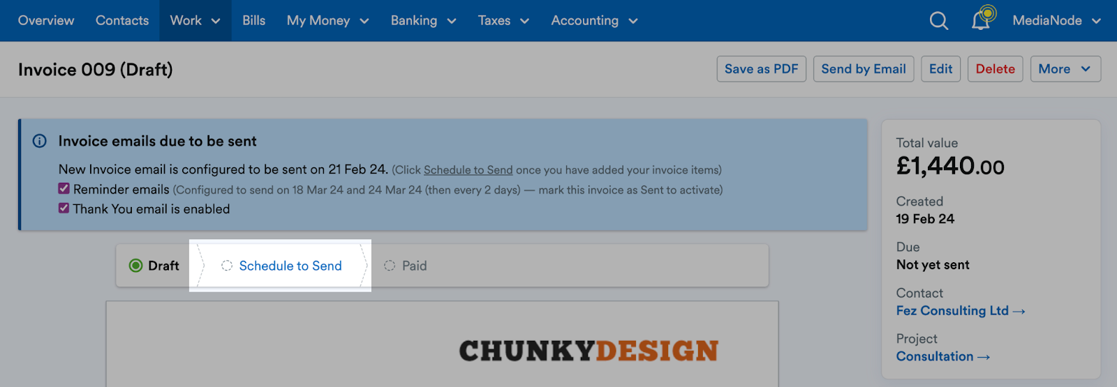 Schedule to send button highlighted above invoice