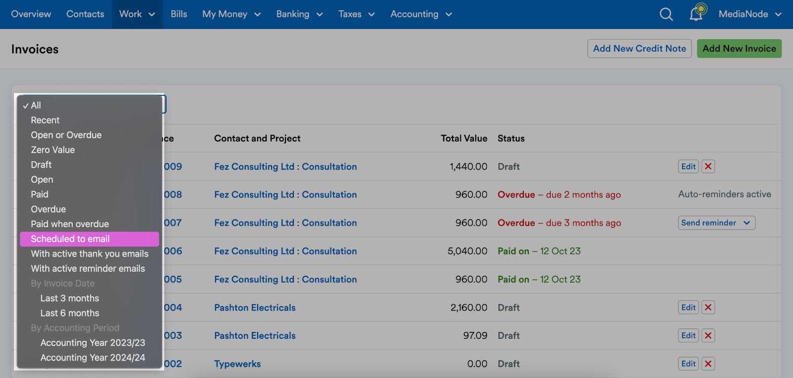 Scheduled to email highlighted in filter menu