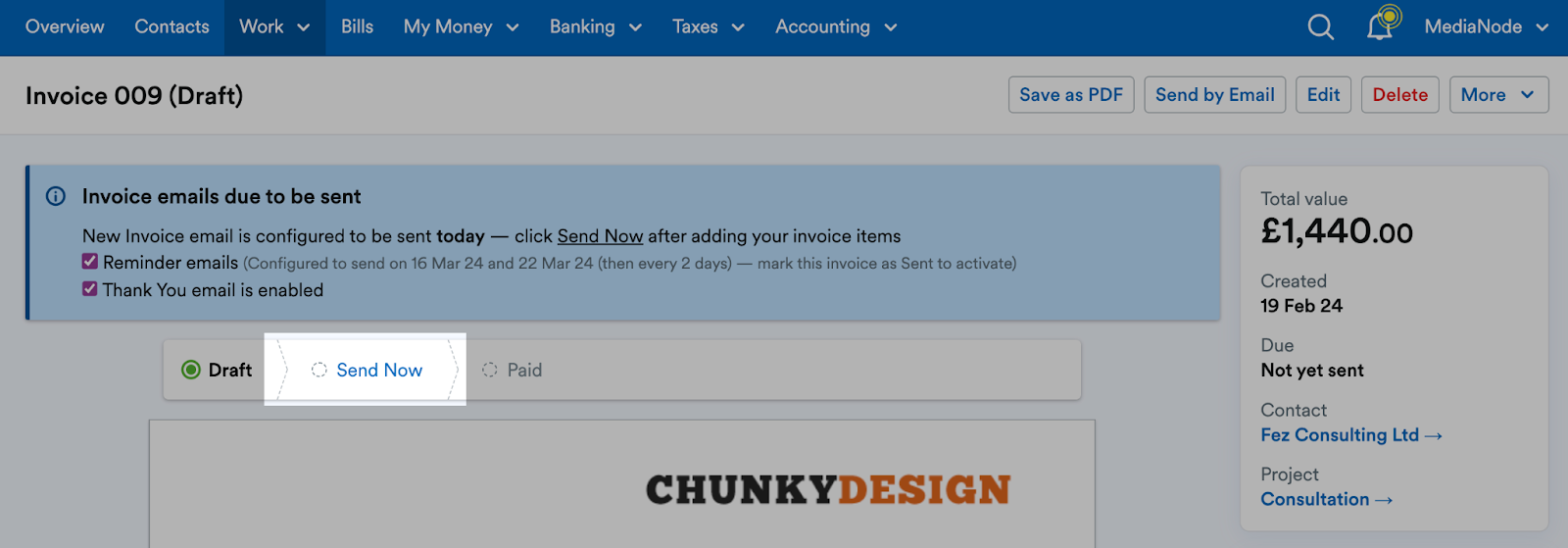 Send Now button highlighted above invoice