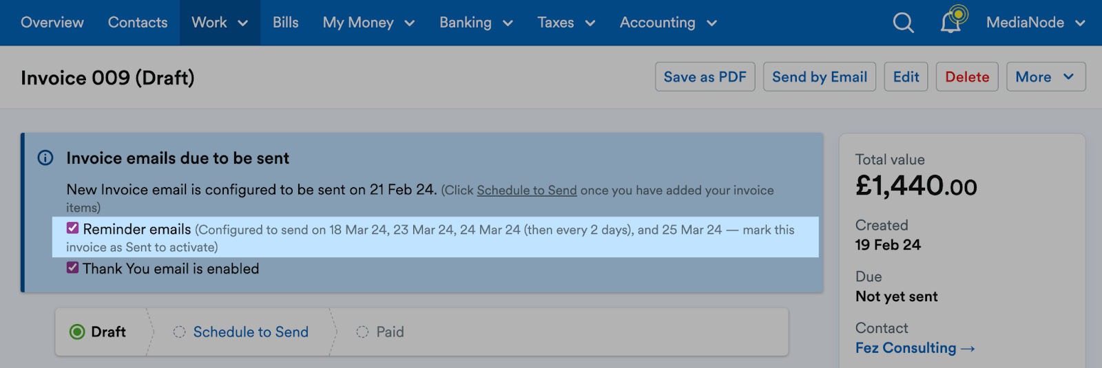 Details of the reminder emails above the invoice