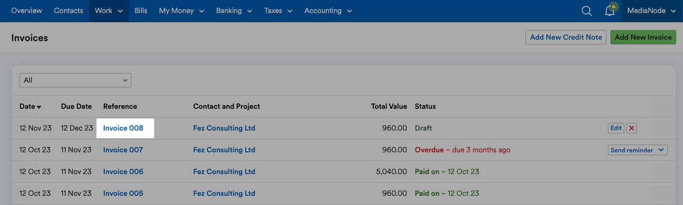 invoice reference number highlighted