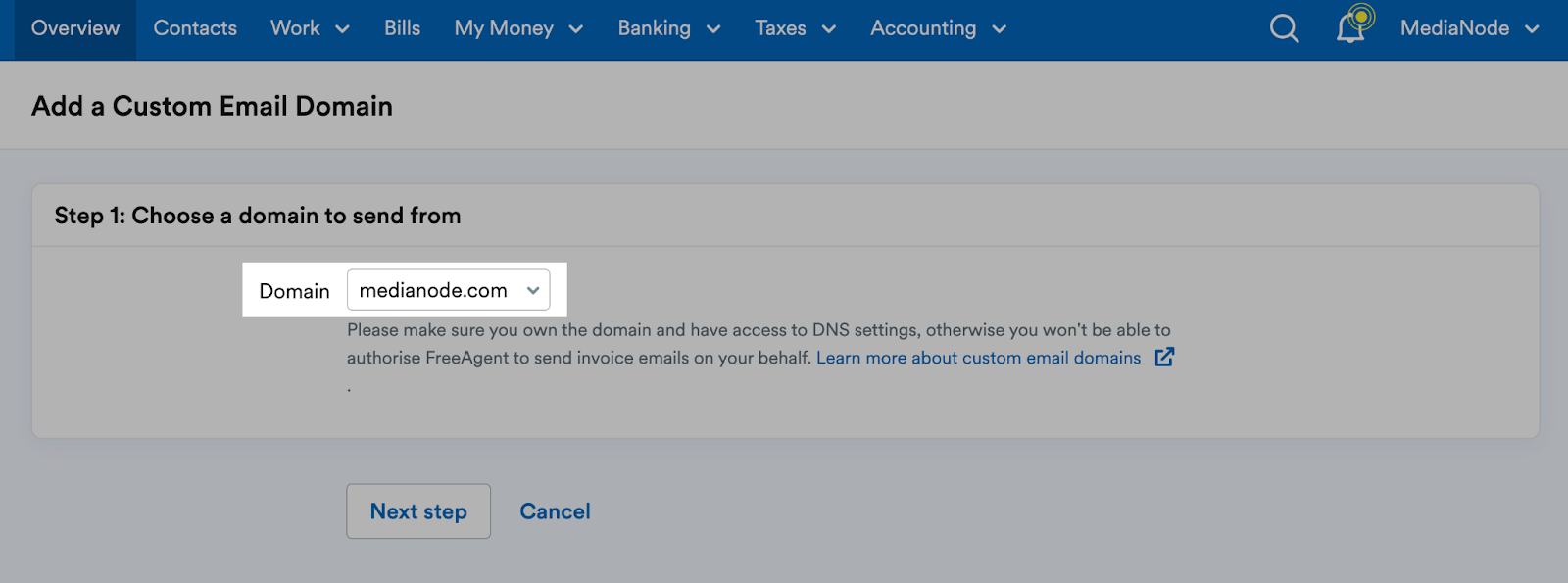 Domain box highlighted under Step 1: Choose a domain to send from